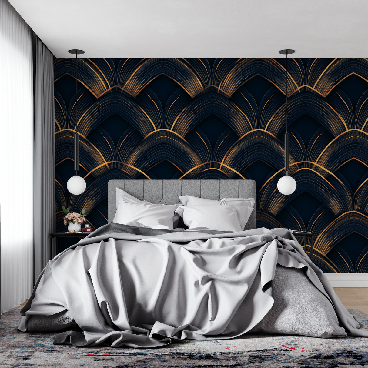 Art deco fan pattern wallpaper in elegant dining room with crystal chandelier and gold accents