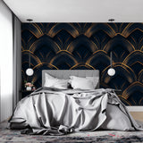 Art deco fan pattern wallpaper in elegant dining room with crystal chandelier and gold accents