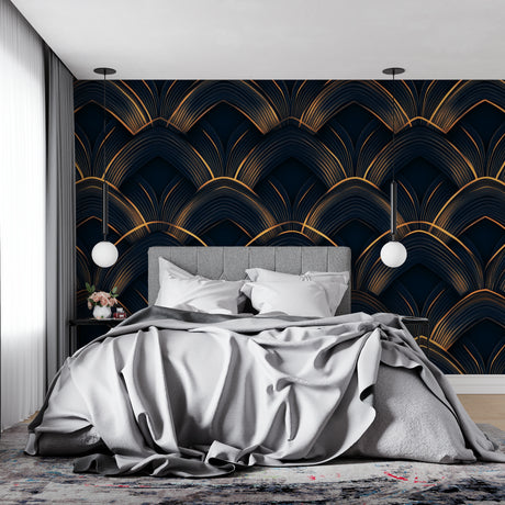 Art deco fan pattern wallpaper in elegant dining room with crystal chandelier and gold accents