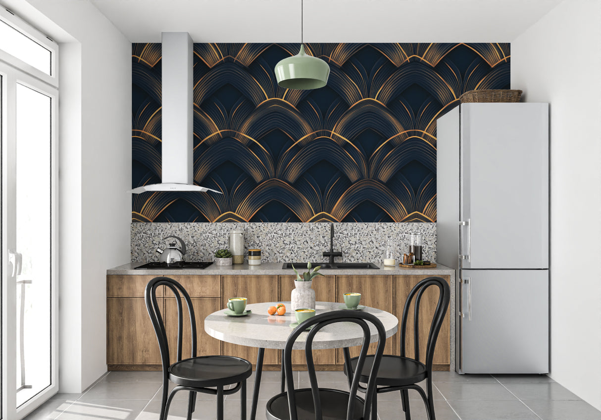 Black and gold geometric wallpaper in modern master bedroom creating luxury hotel feel