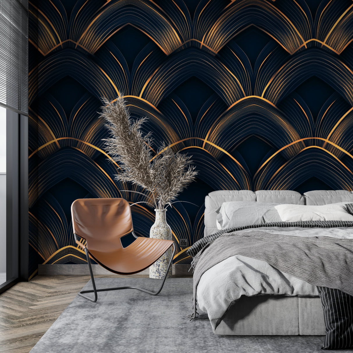 Black and gold art deco wallpaper in entrance hall with mirror and console table