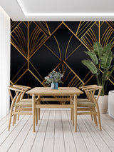 Art deco geometric wallpaper in modern living room showing black and gold fan pattern