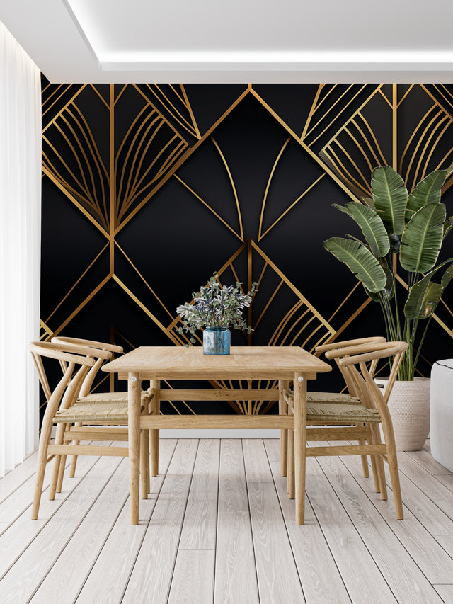 Art deco geometric wallpaper in modern living room showing black and gold fan pattern