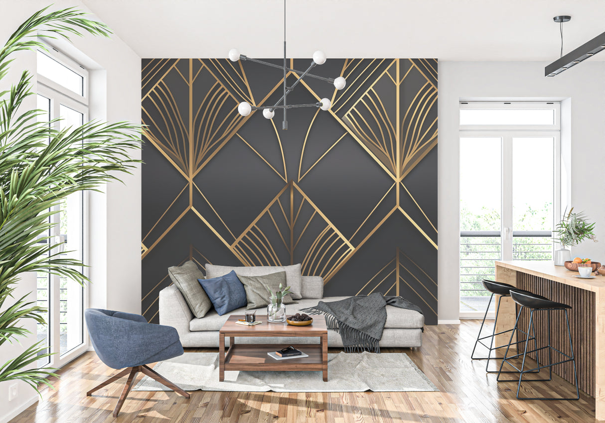 Black and gold art deco wallpaper creating luxury feel in master bedroom