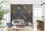 Black and gold art deco wallpaper creating luxury feel in master bedroom