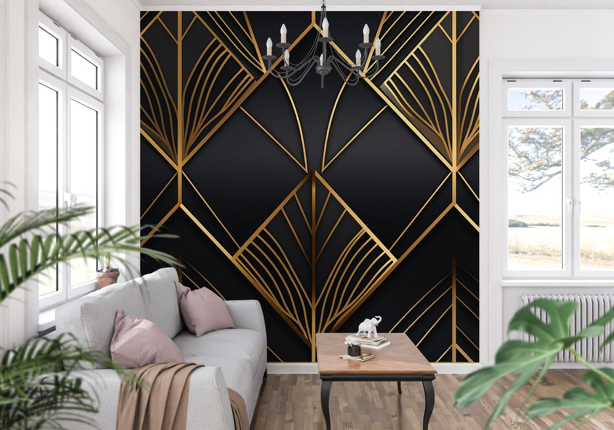 Geometric art deco wall mural adding drama to dining room space