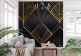 Geometric art deco wall mural adding drama to dining room space