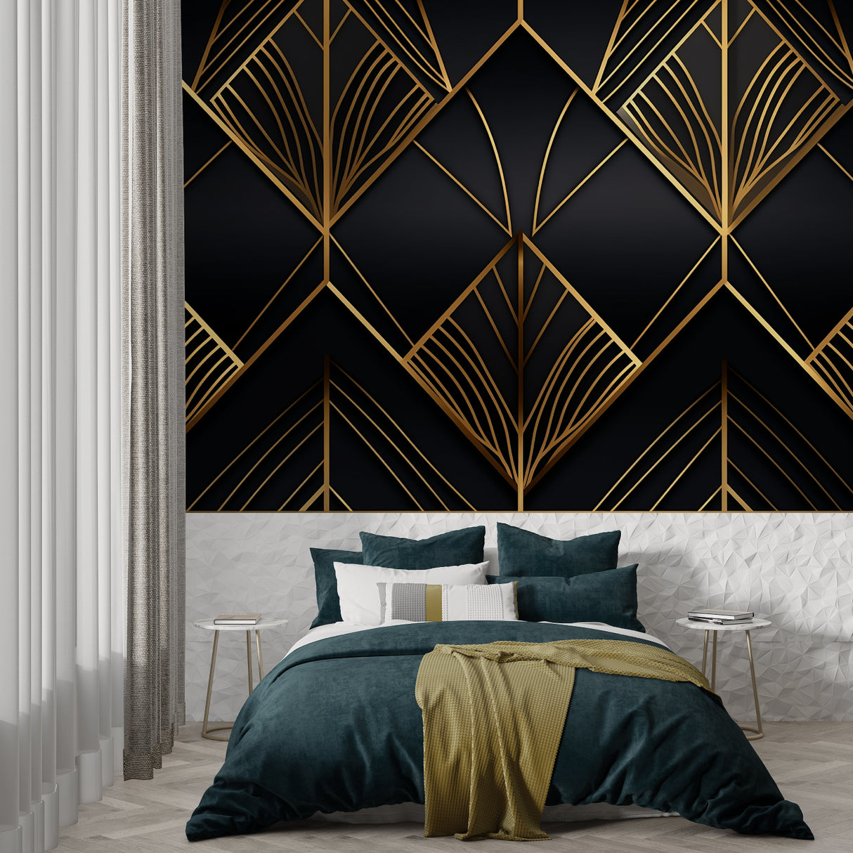 Black and gold geometric wallpaper bringing elegance to home office
