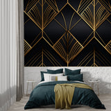 Black and gold geometric wallpaper bringing elegance to home office
