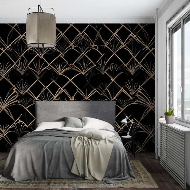 Art deco geometric wallpaper in modern living room, black and gold pattern creating dramatic accent wall