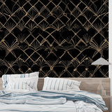 Art deco wallpaper in master bedroom, geometric black and gold design adding sophistication