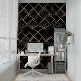 Restaurant bar featuring art deco black and gold wallpaper with stunning geometric pattern