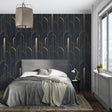 Black and gold Art Deco wallpaper in modern dining room with crystal chandelier