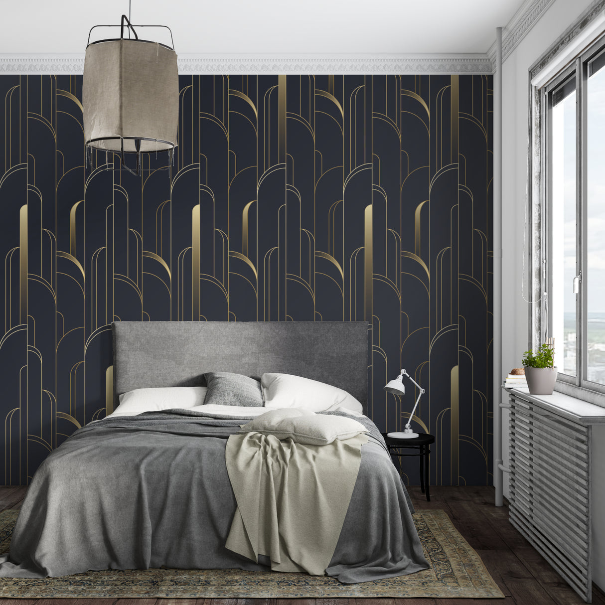 Black and gold Art Deco wallpaper in modern dining room with crystal chandelier