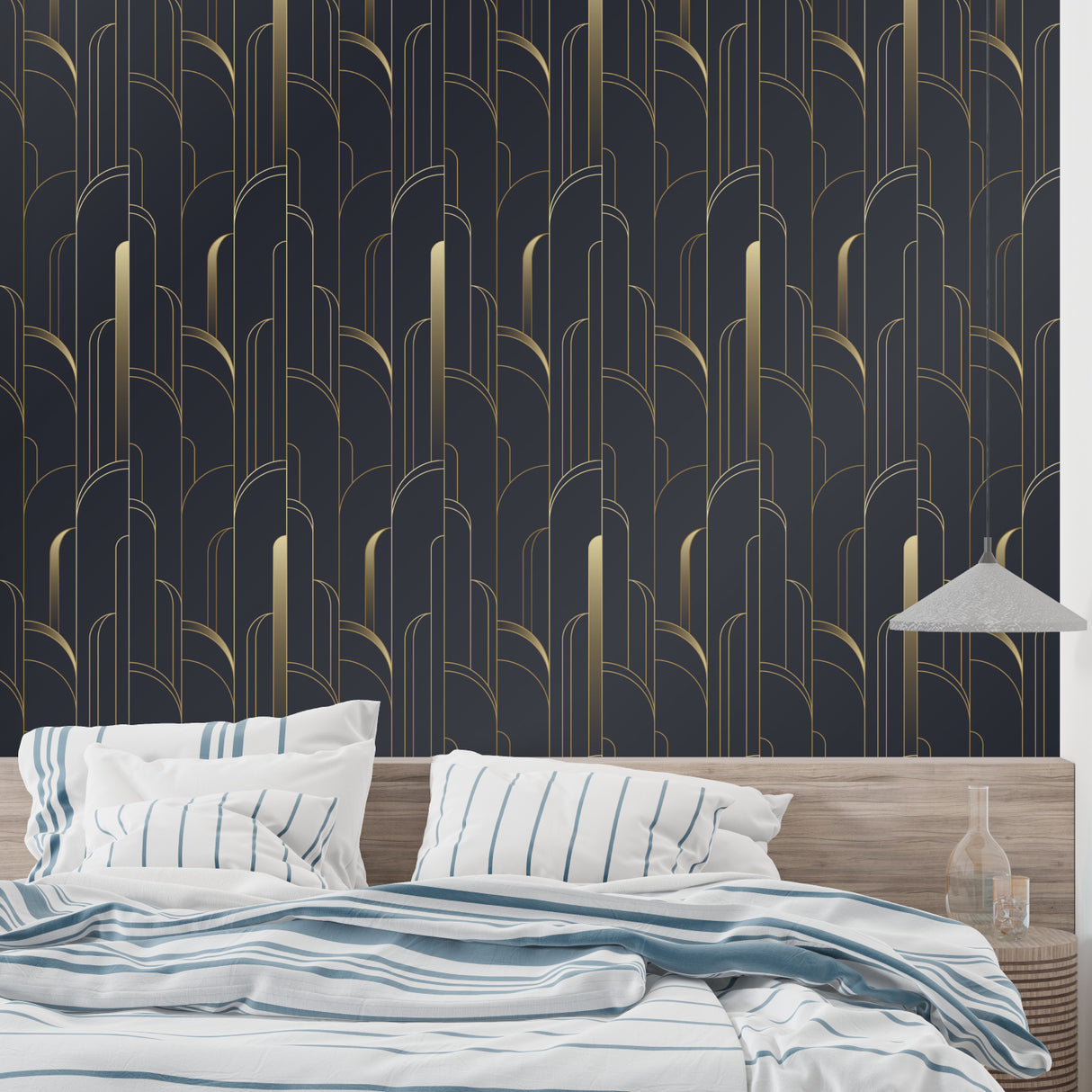 Geometric Art Deco pattern feature wall in luxury master bedroom