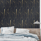 Geometric Art Deco pattern feature wall in luxury master bedroom