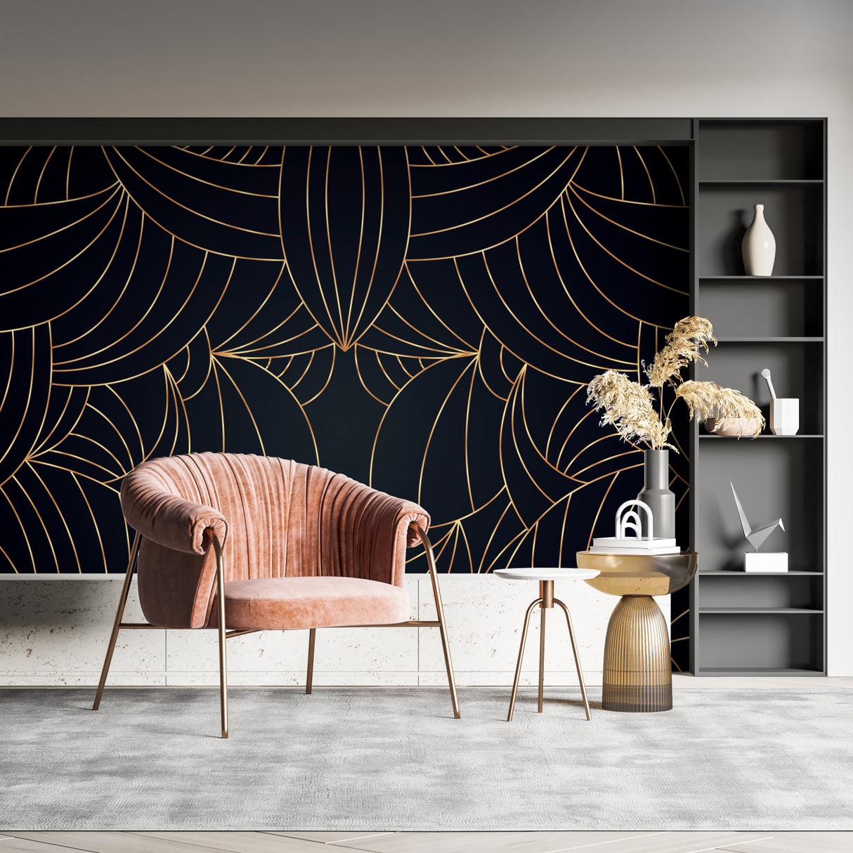 Black and gold art deco wallpaper in master bedroom showcasing geometric pattern