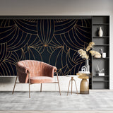 Black and gold art deco wallpaper in master bedroom showcasing geometric pattern