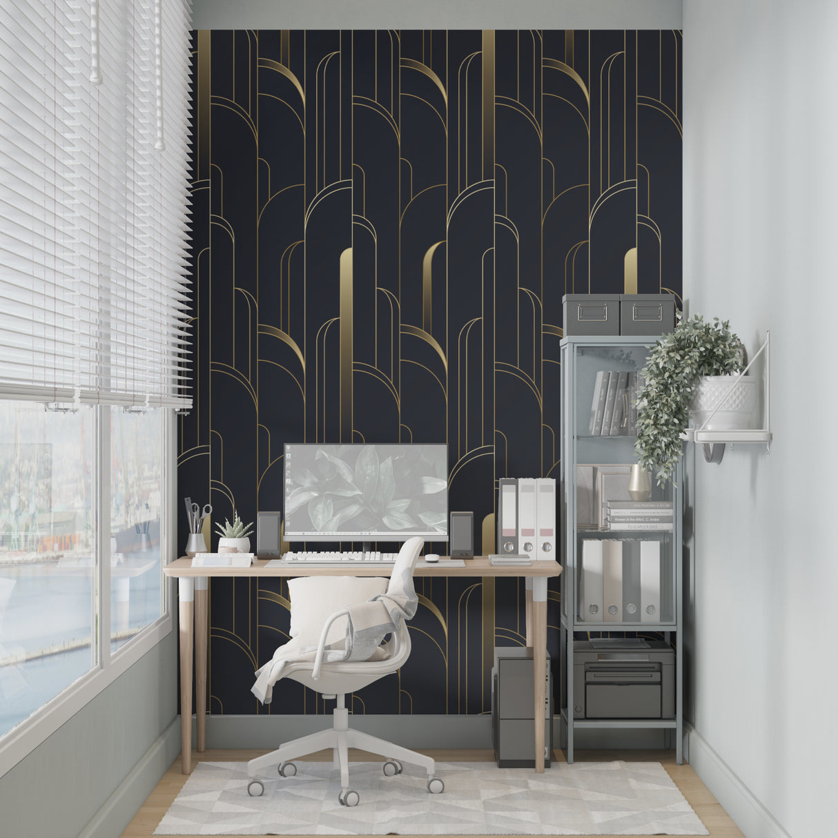 Art Deco black and gold wallpaper in hotel lobby setting