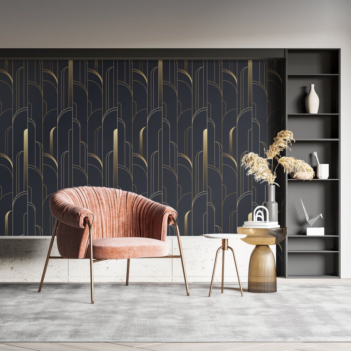Black and gold geometric wallpaper in home office with modern furniture