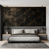 Black and gold scale pattern in home office showing evening lighting