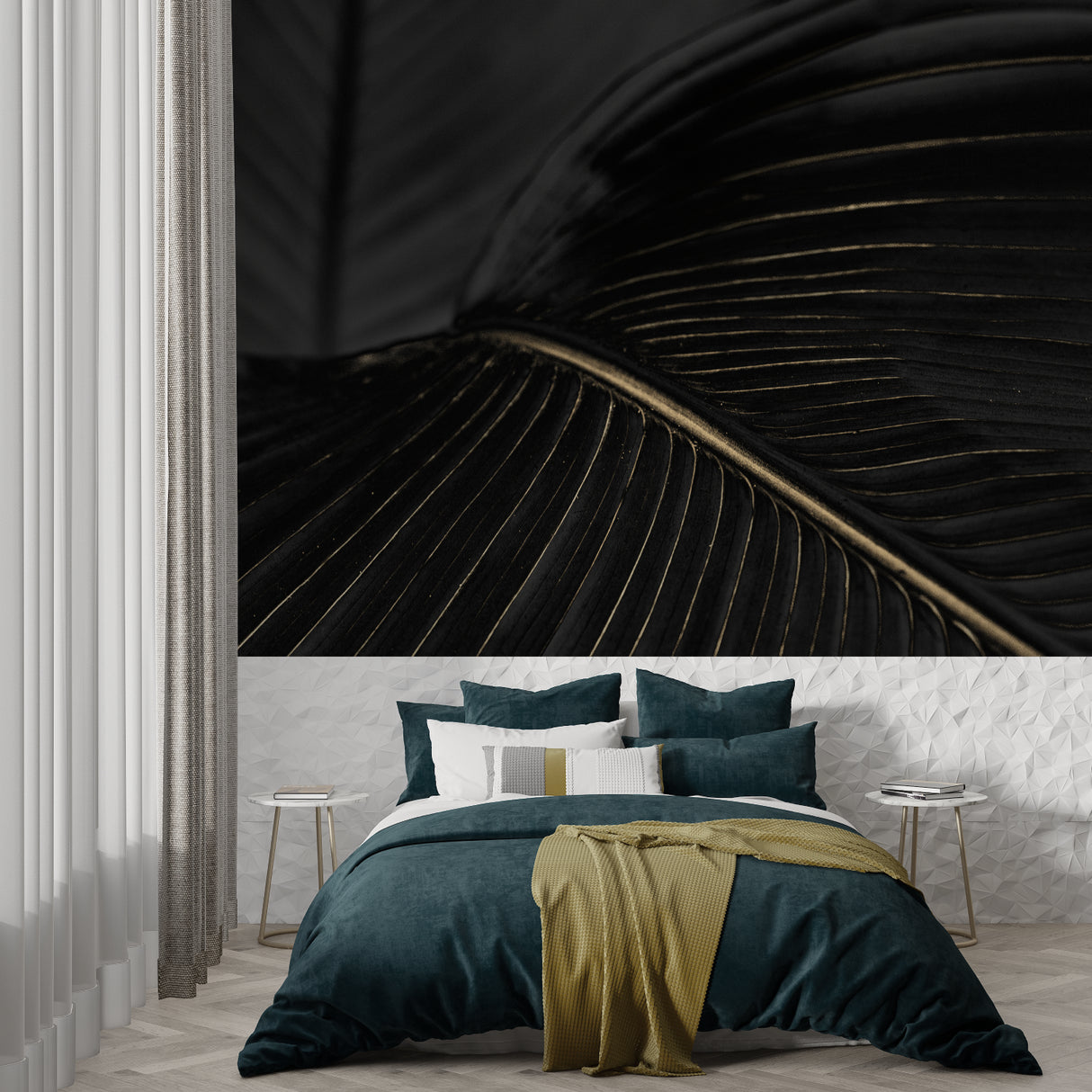 Black and gold art deco wallpaper making a bold statement in master bedroom