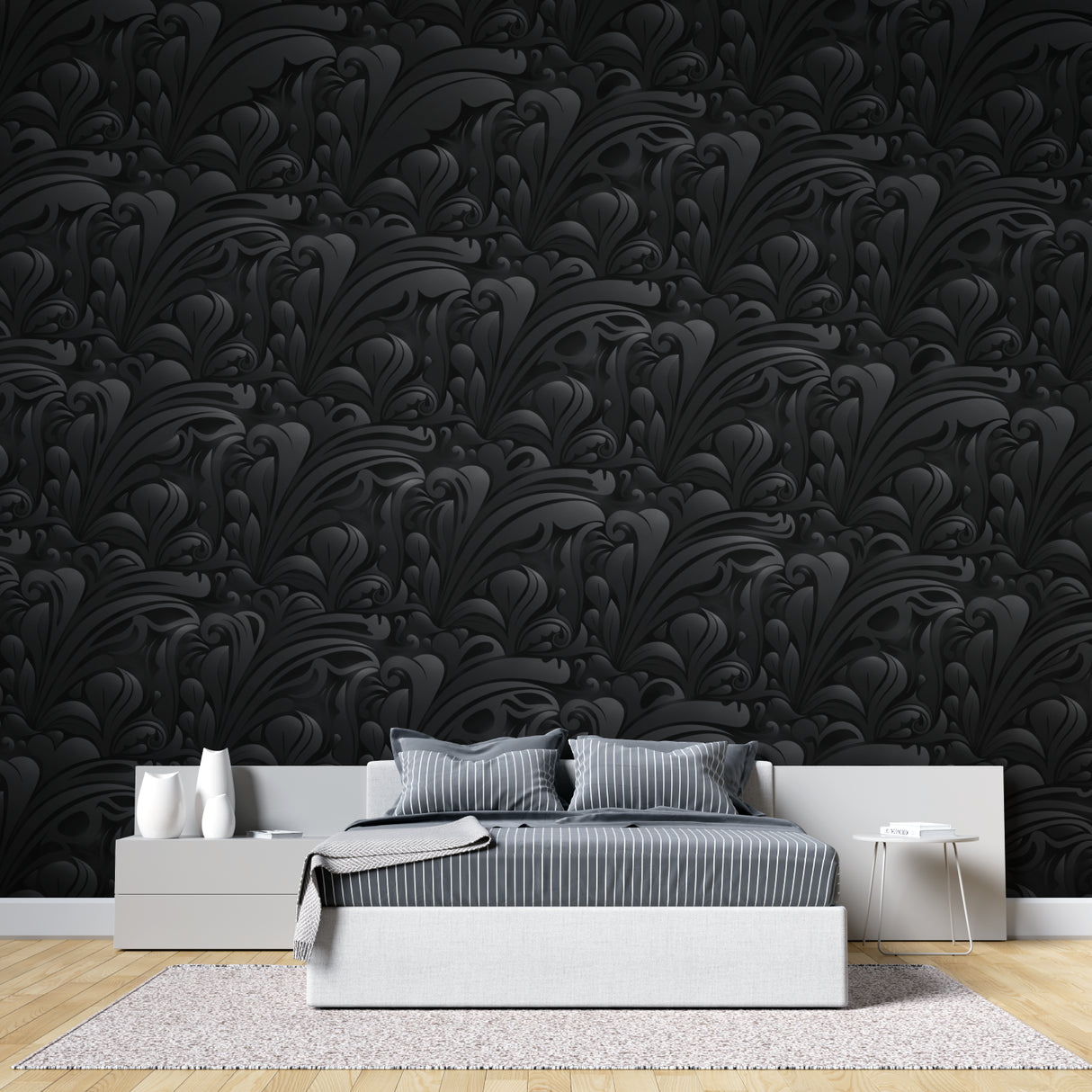Black Baroque wallpaper creating drama in a modern living room with leather furniture