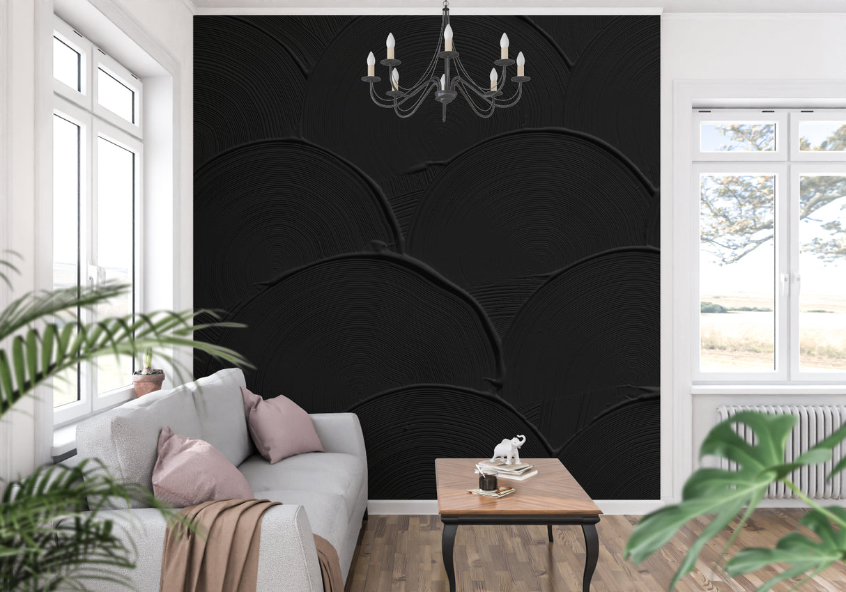 Black Art Deco wallpaper with circular pattern in modern living room setting