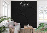Black Art Deco wallpaper with circular pattern in modern living room setting