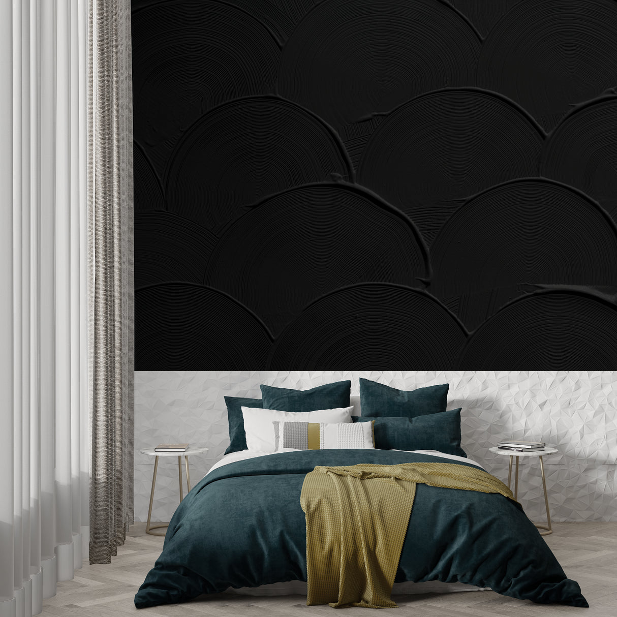 Geometric black wallpaper creating depth in dining room space