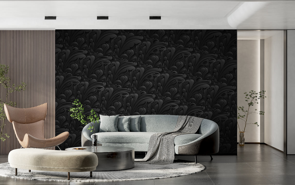 Black Art Deco wallpaper in powder room with gold fixtures