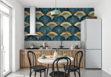Blue and gold art deco wallpaper in luxury hotel lobby, showing seamless fan motif