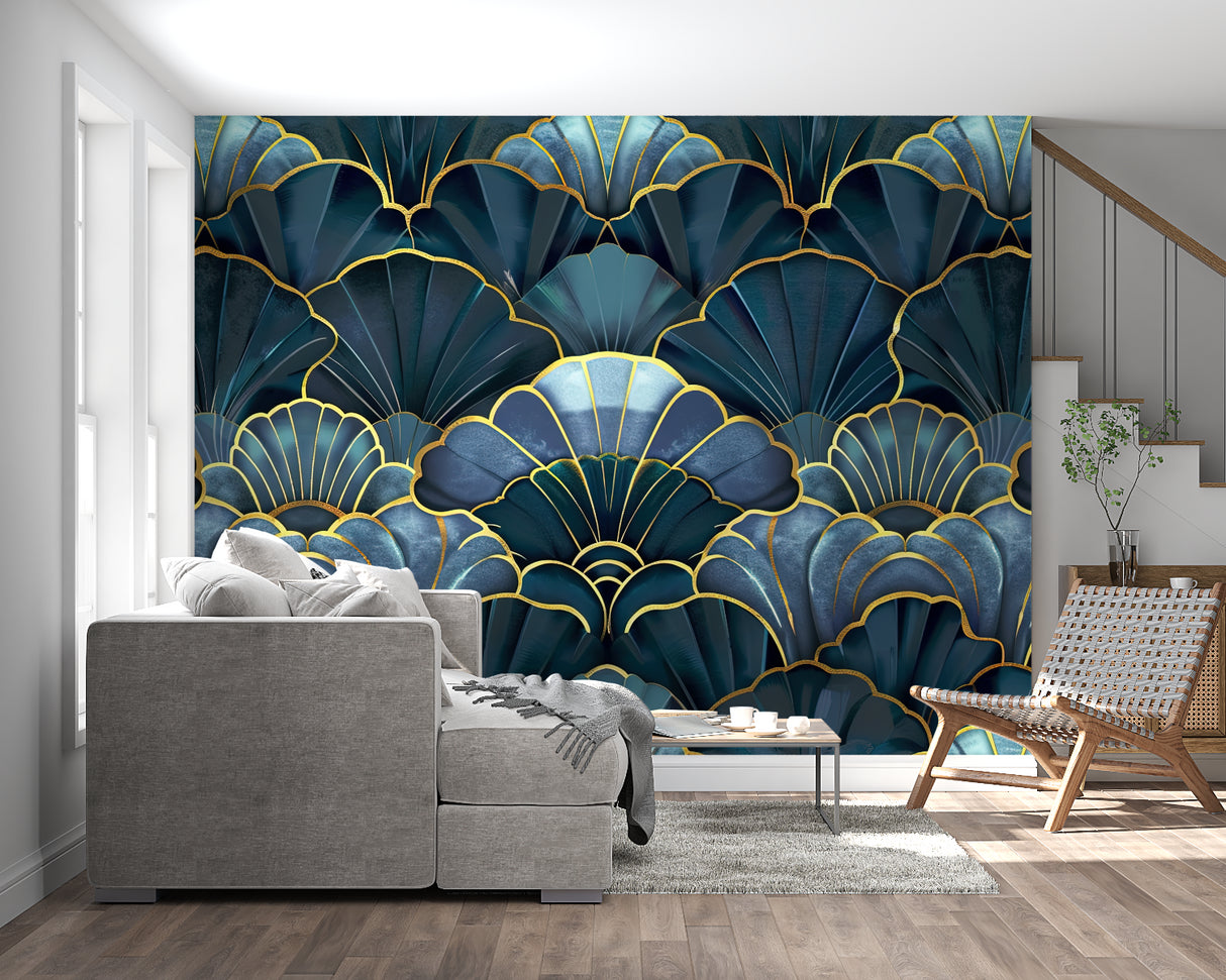 Blue and gold geometric wallpaper showcased in elegant dining room setting