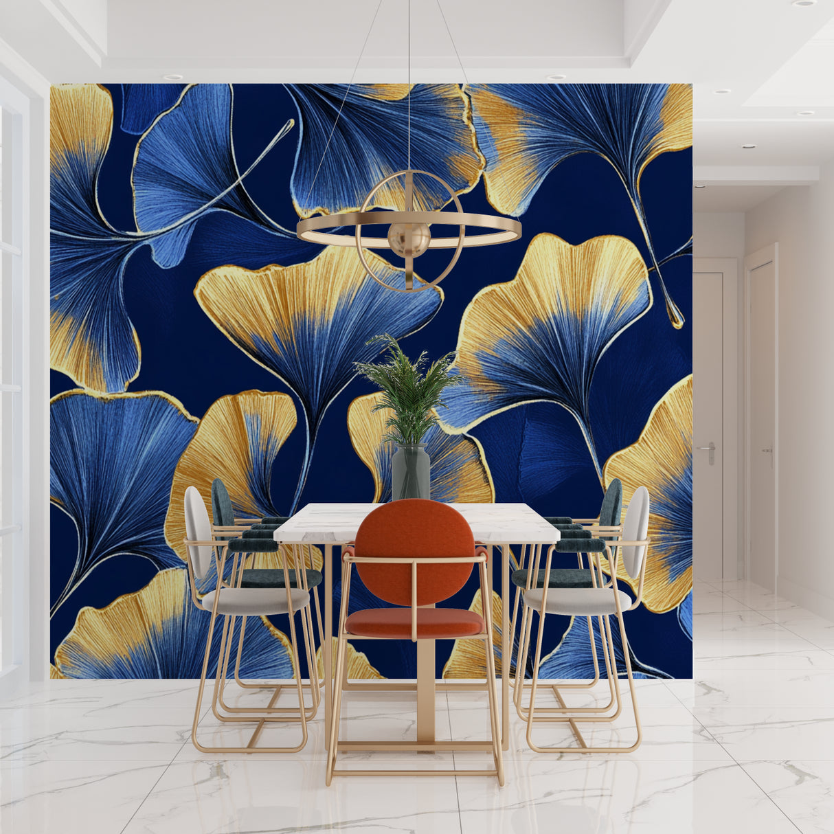 Blue and gold Art Deco wallpaper with ginkgo leaves creating drama in a modern dining room setting