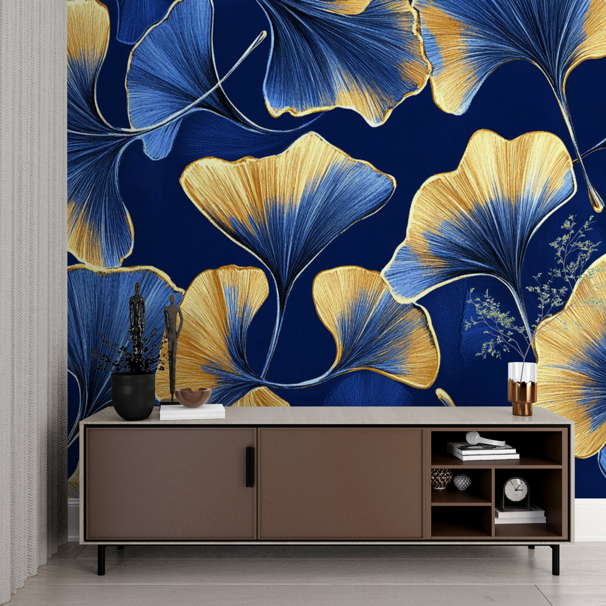 Ginkgo leaf wallpaper in navy and gold making a statement in a luxury master bedroom