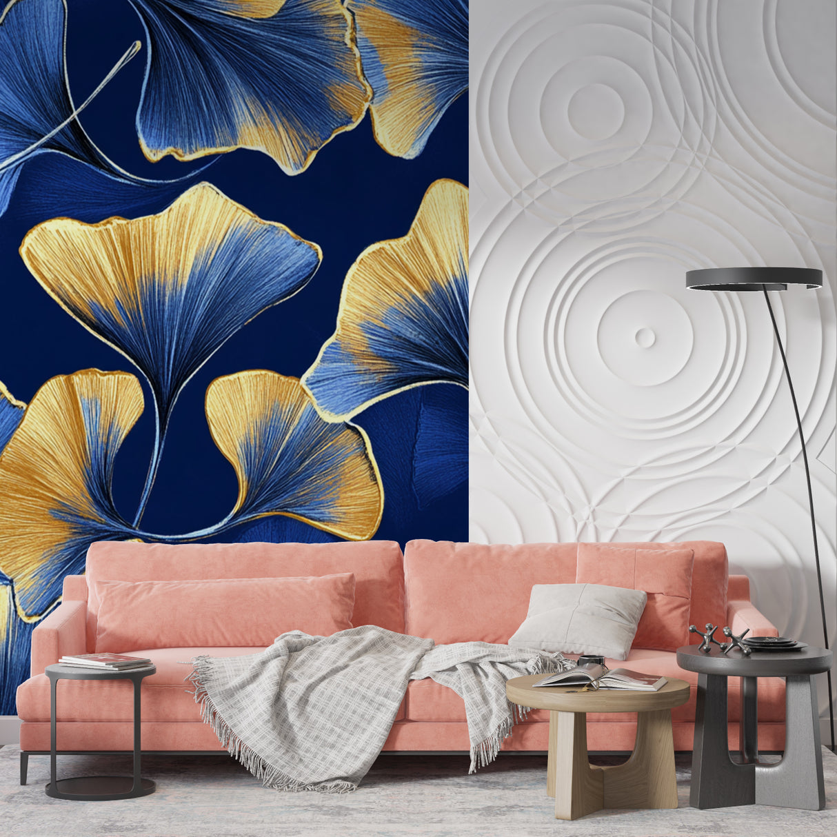 Art Deco ginkgo pattern bringing elegance to a sophisticated living room space
