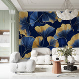 Blue and gold botanical wallpaper transforming a home office with its bold pattern