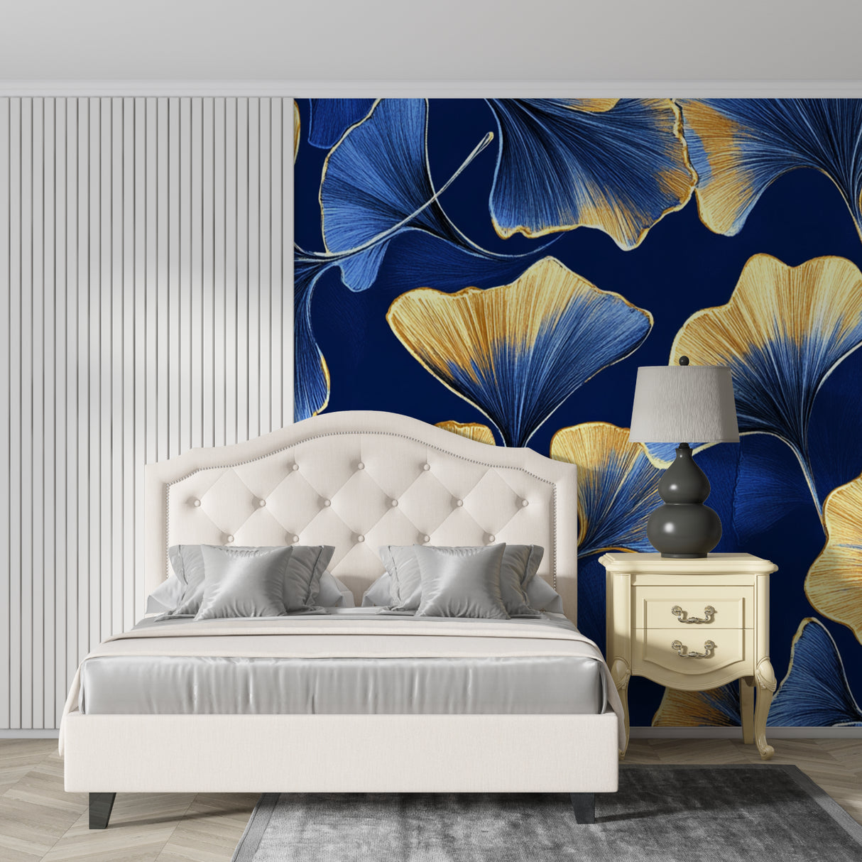 Metallic gold ginkgo leaves on navy background adding luxury to an entryway
