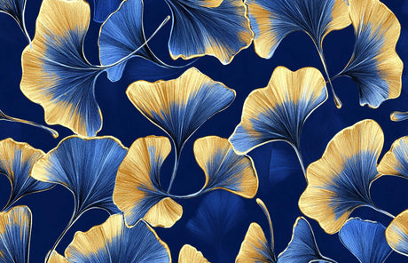 Art Deco ginkgo leaf design file showing intricate gold details on deep blue background