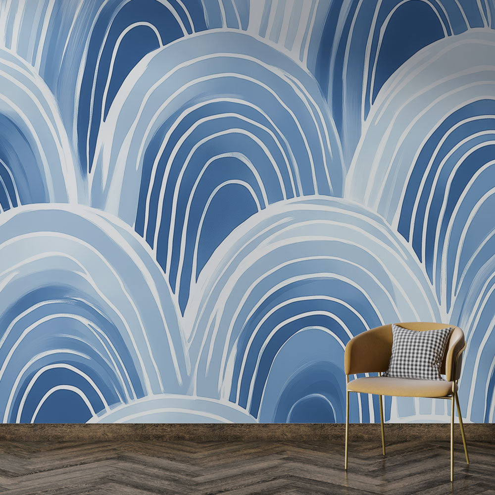 Modern Art Deco blue arch wallpaper in a bright living room with mid-century furniture and natural light