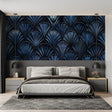 Blue Art Deco fan pattern wallpaper in modern living room with mid-century furniture