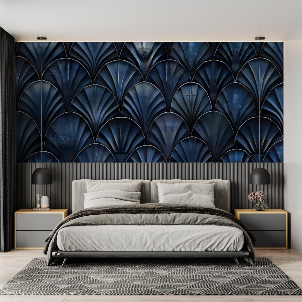 Blue Art Deco fan pattern wallpaper in modern living room with mid-century furniture