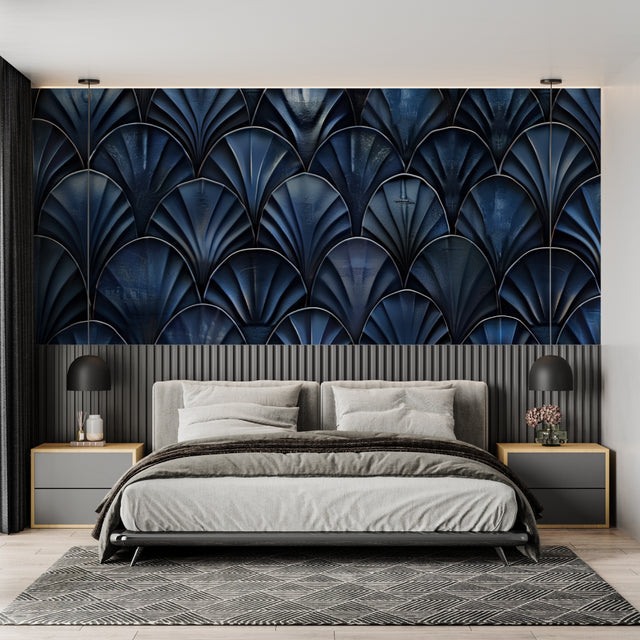 Blue Art Deco fan pattern wallpaper in modern living room with mid-century furniture