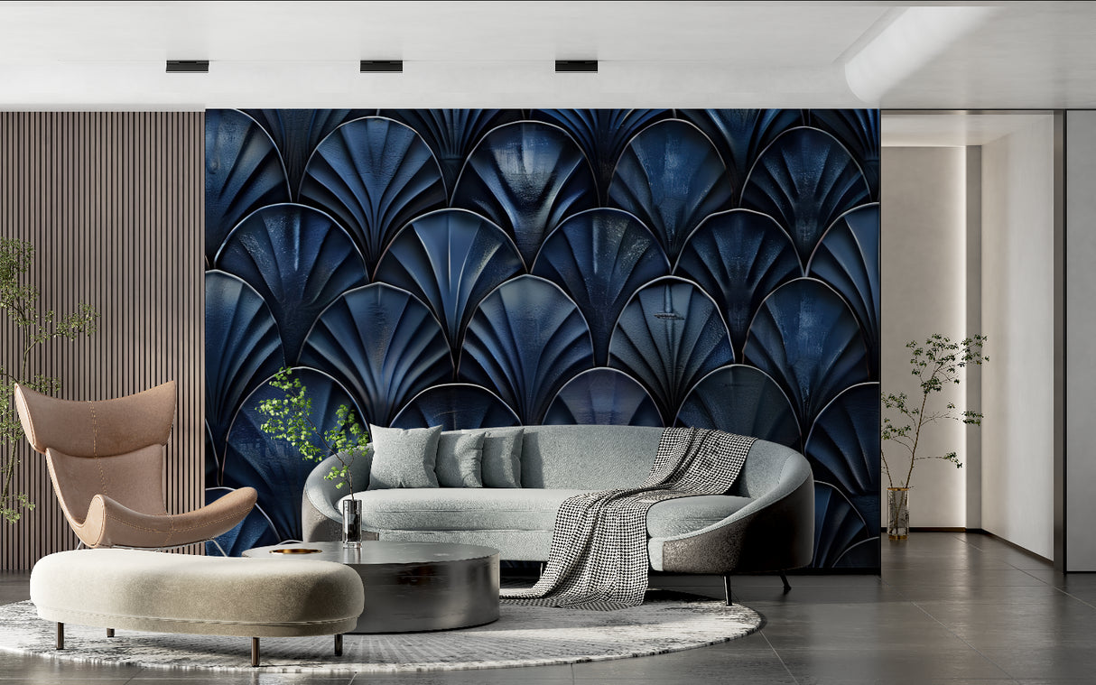Geometric blue fan wallpaper creating drama in master bedroom