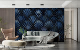 Geometric blue fan wallpaper creating drama in master bedroom