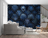 Art Deco blue wallpaper in dining room with crystal chandelier