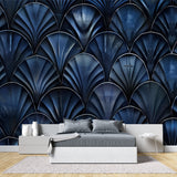Navy blue fan pattern wall mural in home office setting
