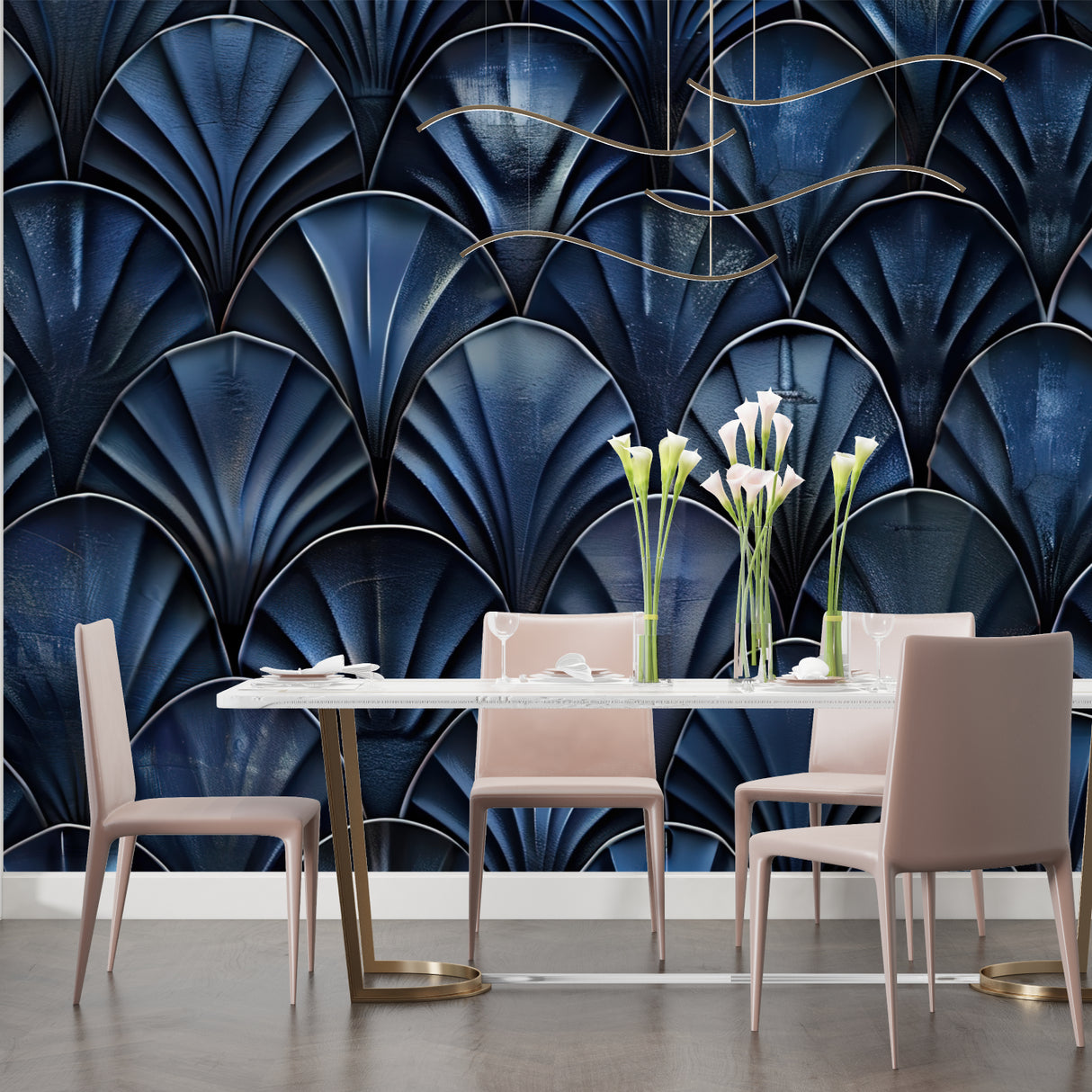 Art Deco geometric wallpaper feature wall in hotel lobby