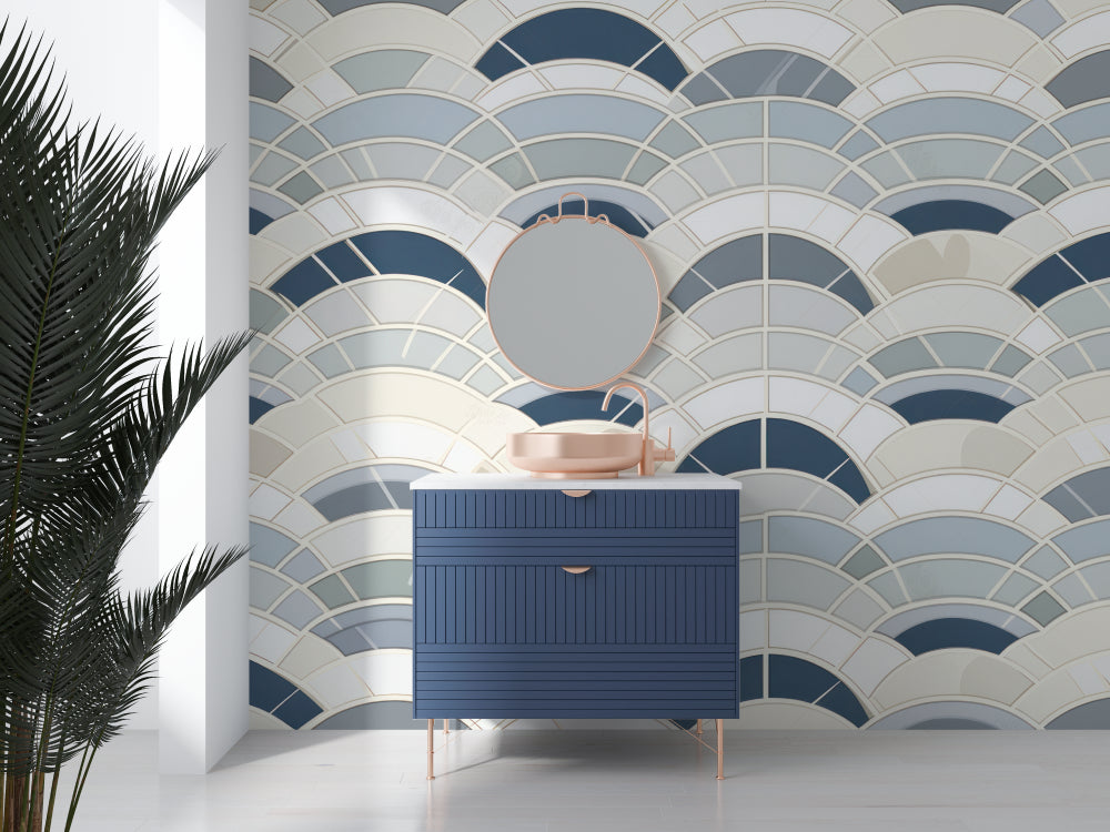 Art Deco wave pattern wallpaper adding elegance to dining room accent wall
