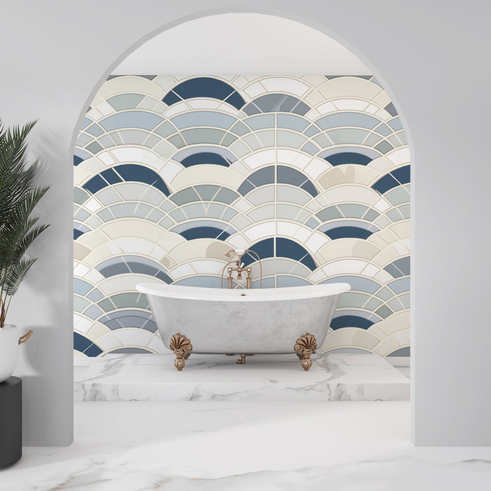 Geometric blue wave wallpaper bringing movement to master bedroom feature wall